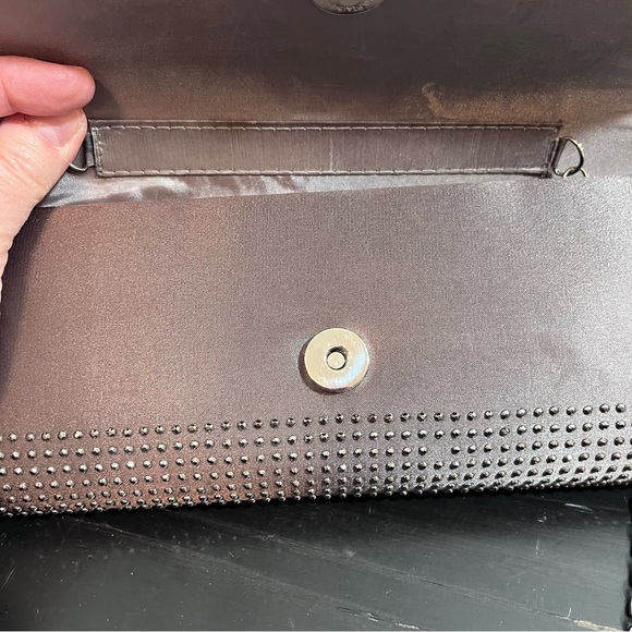 Gunmetal Studded Satin Evening Clutch | Silver Chain Crossbody Envelope Bag - Picture 10 of 14